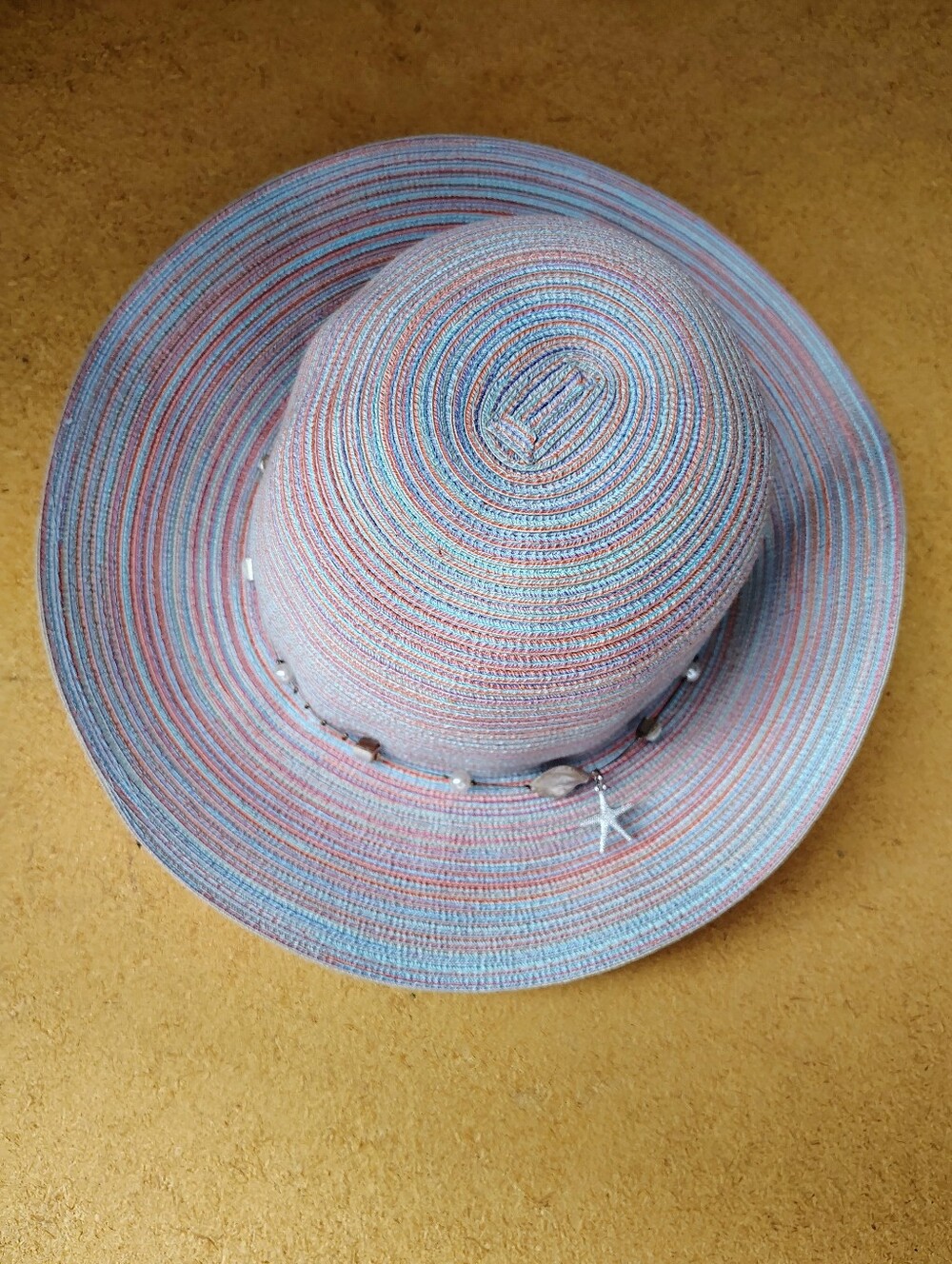 Boho Style Striped Wide-Brim Sun Hat in Blue and Pink W/ Handmade Stone&Shell Bd